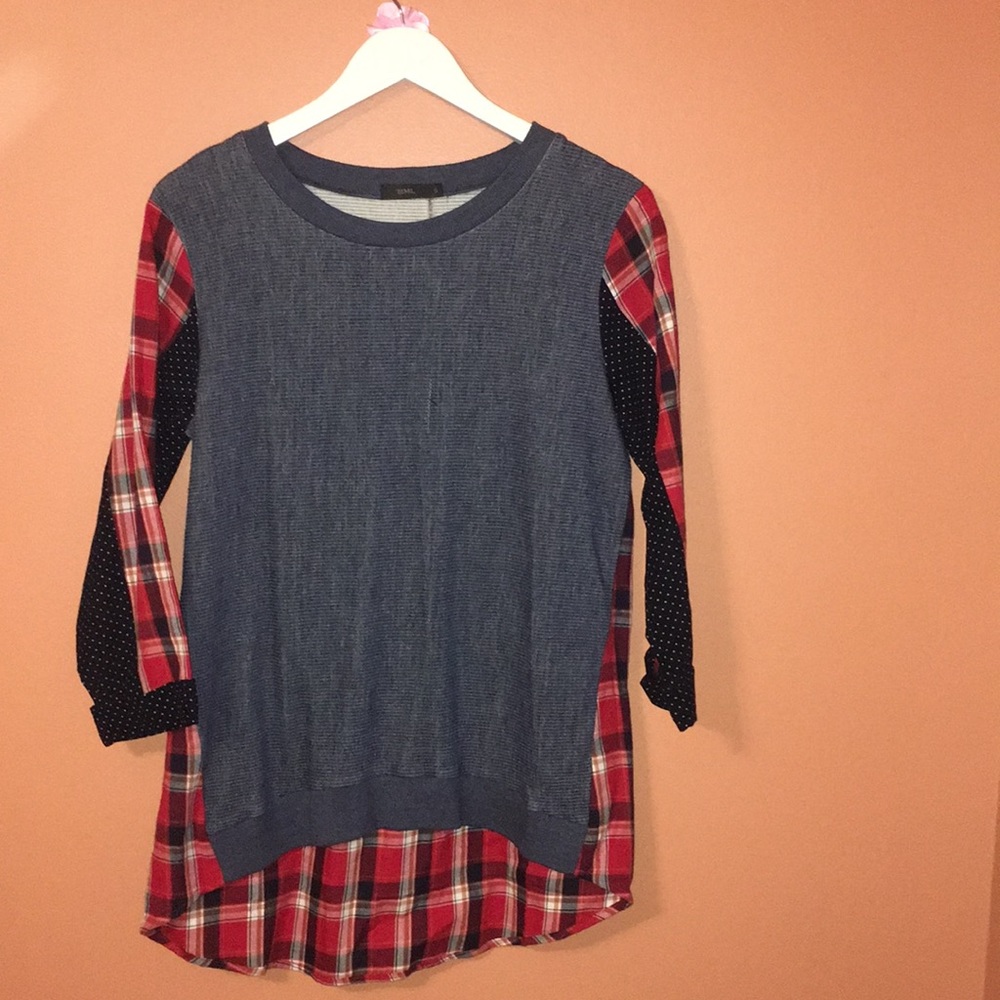 Navy polka dot & plaid shirt